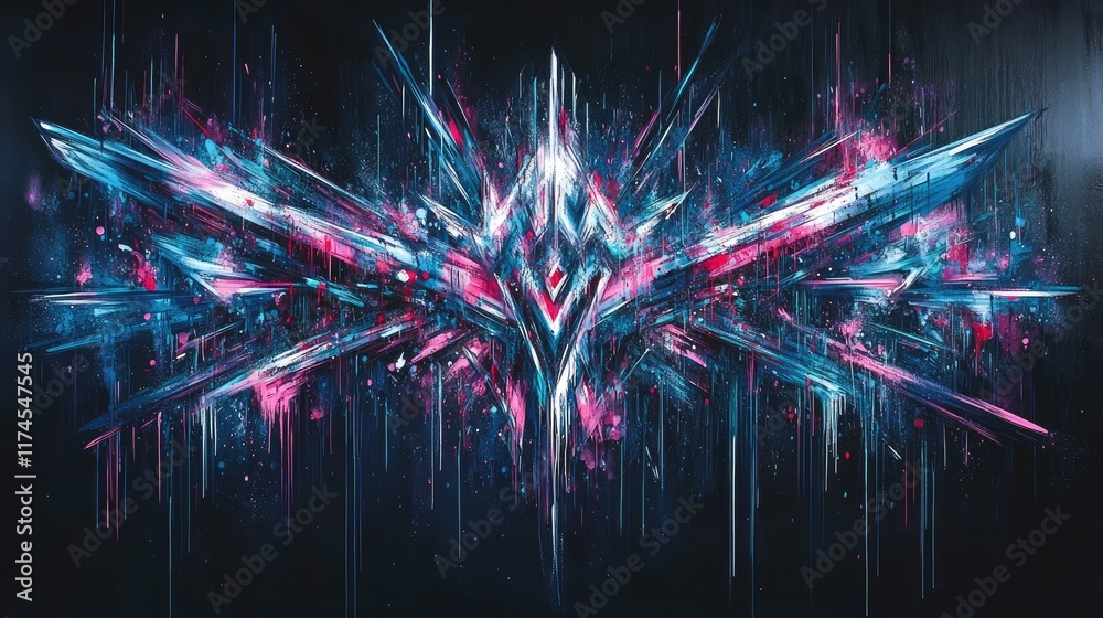 Naklejka premium A vibrant, abstract digital artwork featuring sharp, crystalline shapes and dynamic colors.