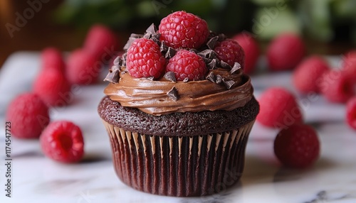 Chocolate cupcake topped with chocolate frosting, fresh raspberries, and chocolate shavings. Perfect for blogs, websites, or menus showcasing delicious desserts. photo