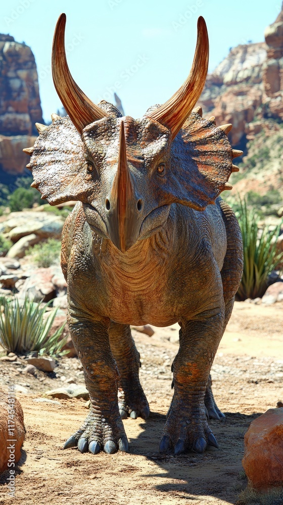 Fototapeta premium A realistic depiction of a Triceratops in a natural landscape.