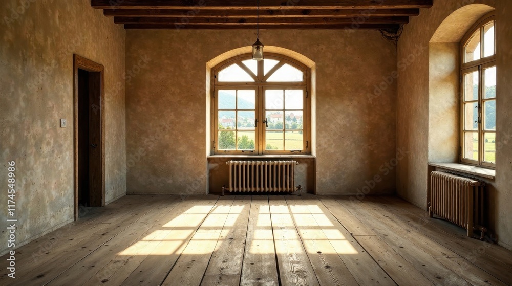 Sunlit Empty Room with Hardwood Floor and Large Windows Sunlit Empty Room with Hardwood Floor and Large Windows