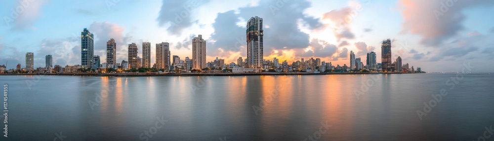 Fototapeta premium A panoramic view of a vibrant city skyline at sunset, reflecting on calm waters, showcasing modern architecture and a colorful sky.