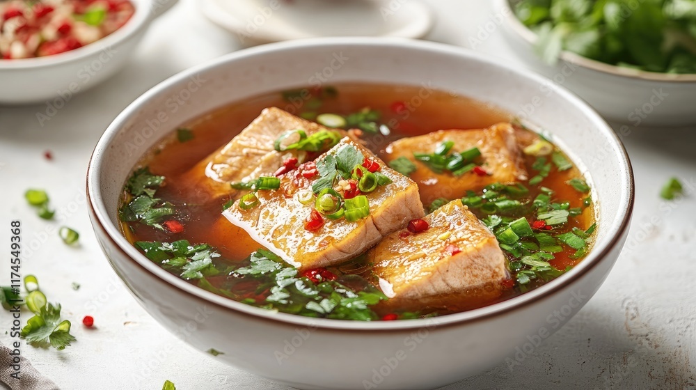 Fish meatball soup garnished with chopped scallions and chili peppers in bowl Fish meatball soup garnished with chopped scallions and chili peppers in bowl