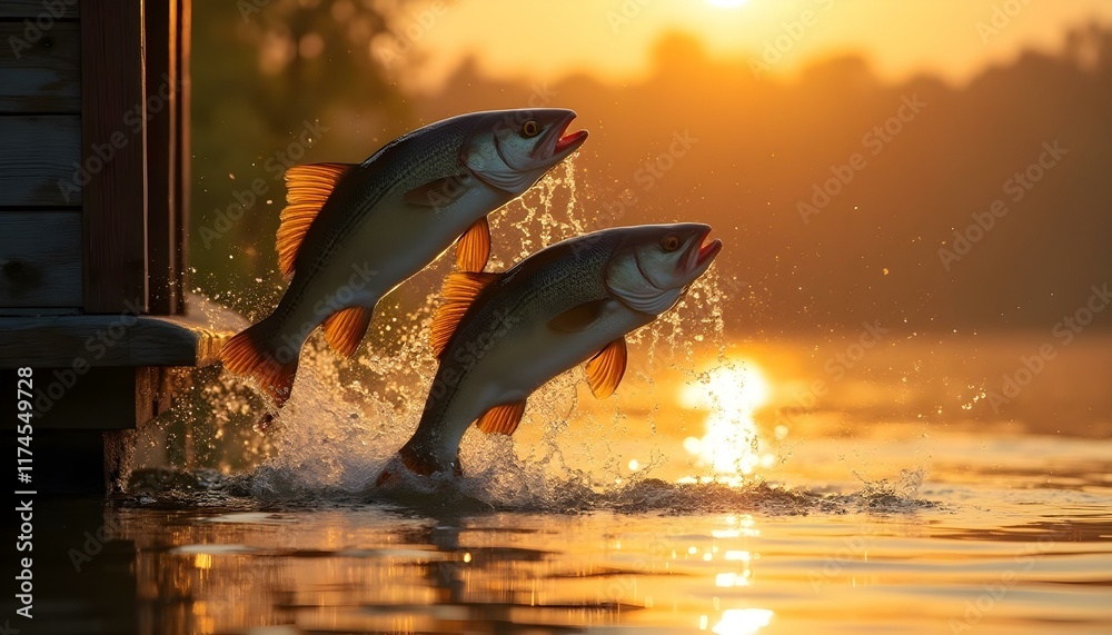 Fototapeta premium Escena soñada de peces saltando en un lago dorado al atardecer