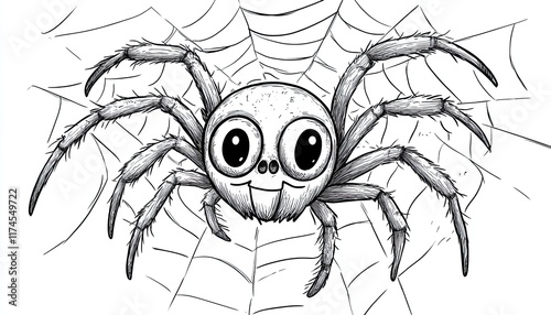 A cute cartoon spider smiles from its web. Ideal for children's books, Halloween designs, or any project needing a friendly, creepy-crawly character. photo