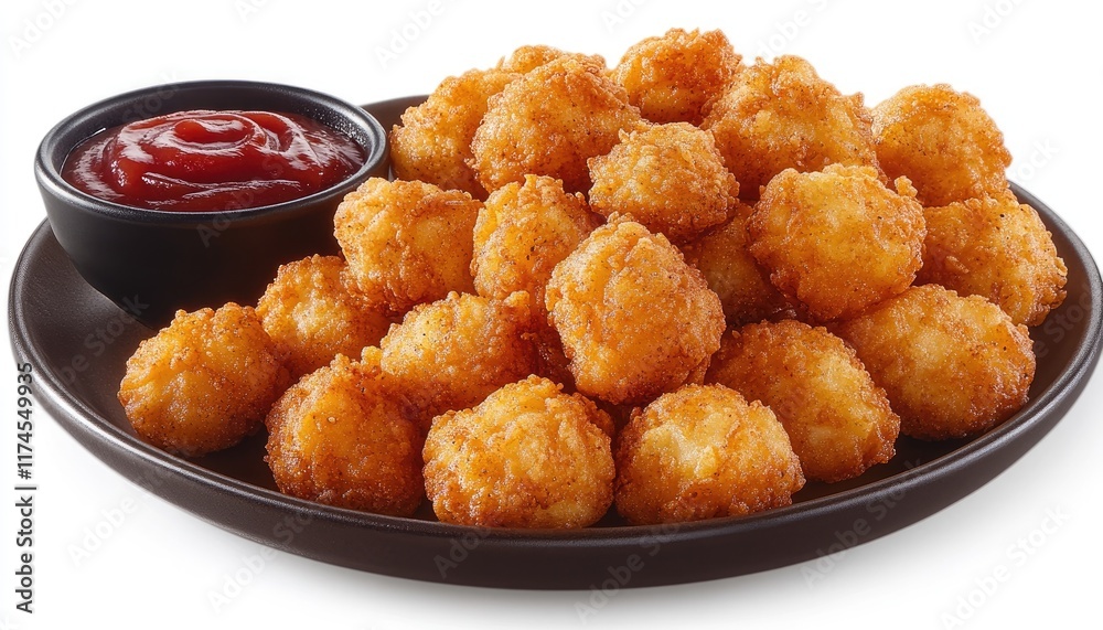 Golden-brown tater tots served on a dark plate with ketchup. Perfect for menus, blogs, or articles about comfort food. Golden-brown tater tots served on a dark plate with ketchup. Perfect for menus, blogs, or articles about comfort food.
