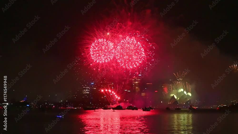 Celebration of New Year's Eve with colorful fireworks with reflection on water at harbor in Sydney
