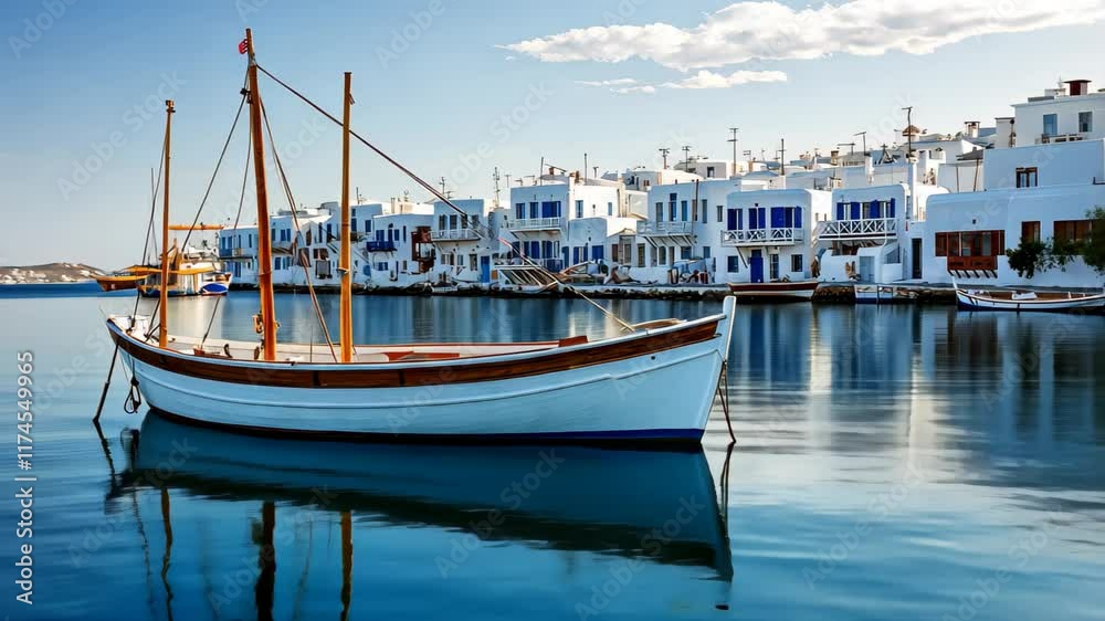 Crystal clear waters of Mykonos showcase a traditional boat near charming white buildings, Aegean sea of Mykonos island in Greece Beautiful white houses and boats Crystal clear waters of Mykonos showcase a traditional boat near charming white buildings, Aegean sea of Mykonos island in Greece Beautiful white houses and boats