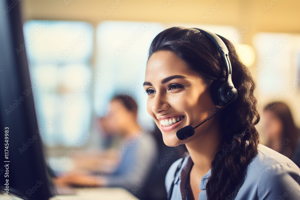 A Call Center Woman Smiling Warmly in a Professional Setting A Call Center Woman Smiling Warmly in a Professional Setting