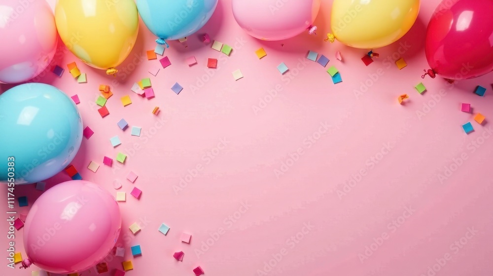 A festive arrangement of colorful balloons and confetti on a pink background, ideal for celebratory occasions and joyful events. A festive arrangement of colorful balloons and confetti on a pink background, ideal for celebratory occasions and joyful events.