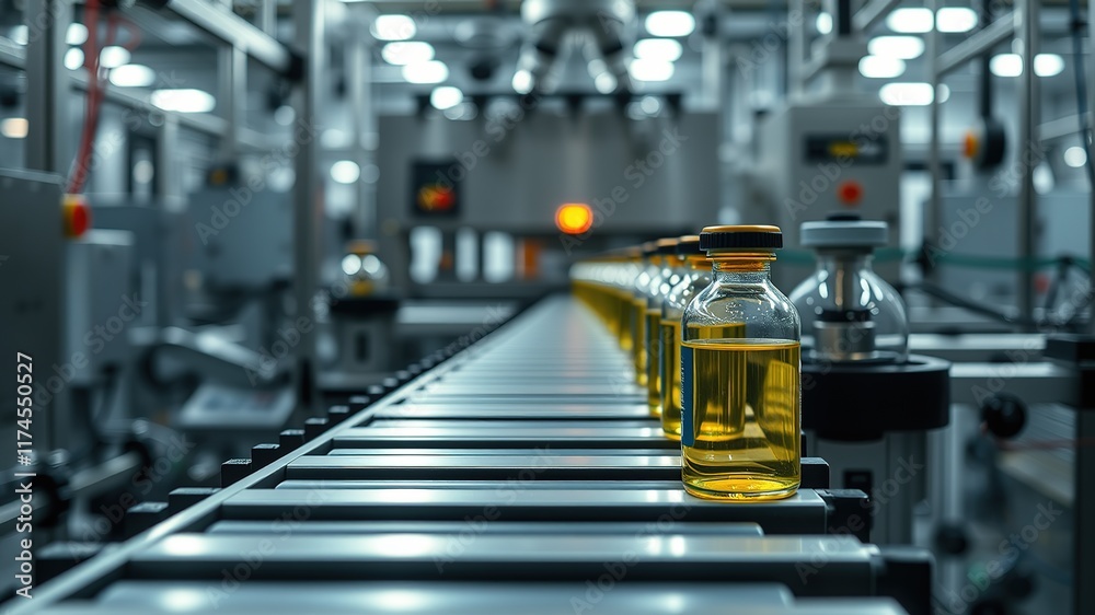 Fototapeta premium Pharmaceutical Production Line - Glass Bottle Conveyor - AI Art