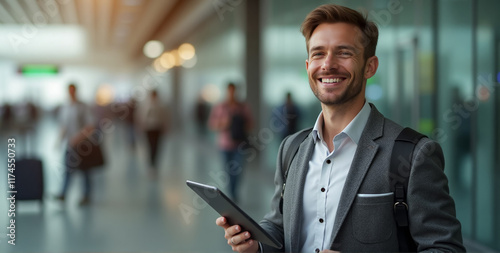 Wallpaper Mural A young businessman holding tablet in airport with vibrant smile expresses a genuine sense of excitement and adventure, adding warmth to the scene Torontodigital.ca
