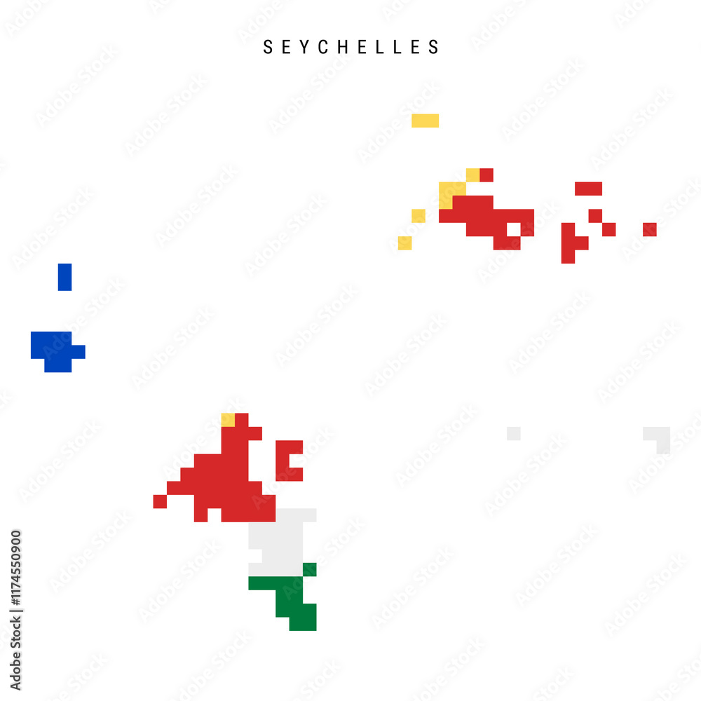 Seychelles pixel flag map icon. 8 bit pixel art Republic of Seychelles map covered with flag. Flat vector illustration isolated on white background. Seychelles pixel flag map icon. 8 bit pixel art Republic of Seychelles map covered with flag. Flat vector illustration isolated on white background.