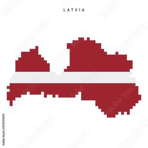 Latvia pixel flag map icon. 8 bit pixel art Latvian map covered with flag. Flat vector illustration isolated on white background.