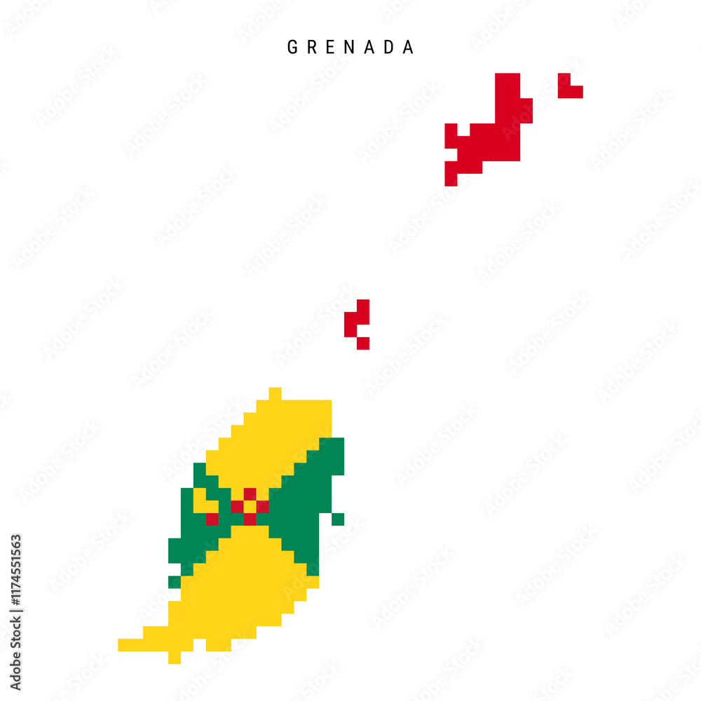 Grenada pixel flag map icon. 8 bit pixel art Grenadian map covered with flag. Flat vector illustration isolated on white background. Grenada pixel flag map icon. 8 bit pixel art Grenadian map covered with flag. Flat vector illustration isolated on white background.