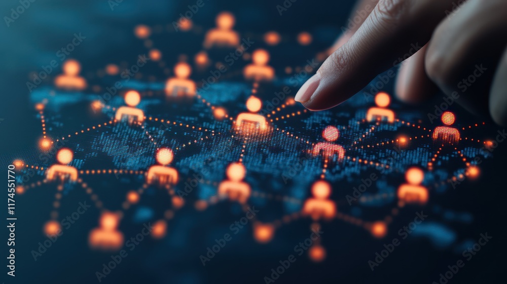 Global network connection, finger tap, digital map, data visualization, business use Global network connection, finger tap, digital map, data visualization, business use