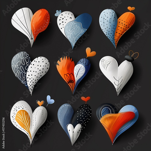 Set of hearts with different design on black background