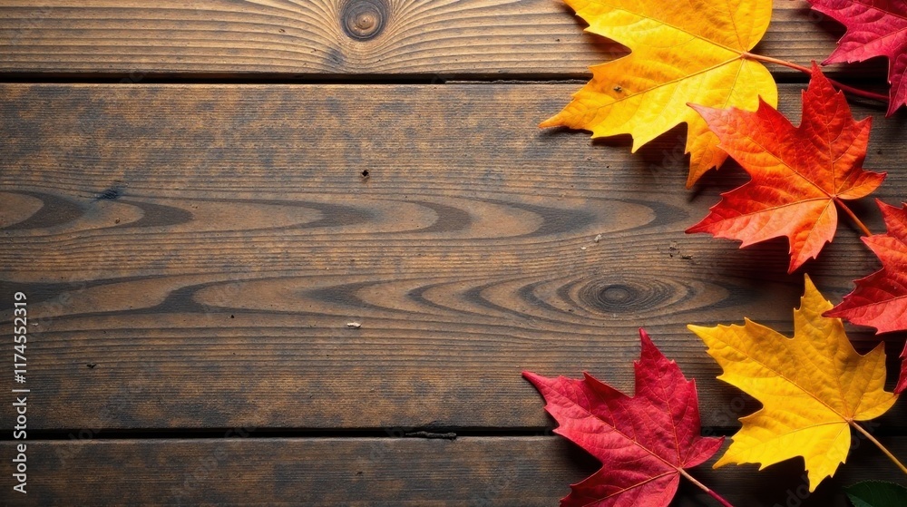 Obraz premium Autumnal foliage arranged on dark wood background, showcasing vibrant red and yellow leaves