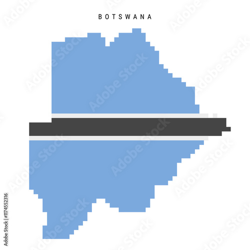 Botswana pixel flag map icon. 8 bit pixel art Republic of Botswana map covered with flag. Flat vector illustration isolated on white background.