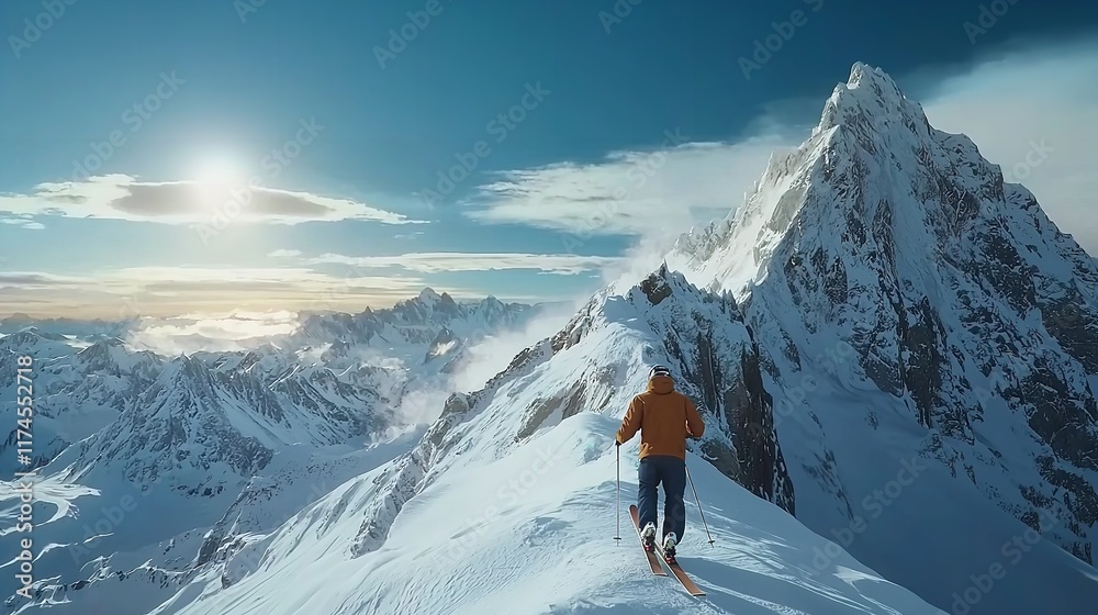 Adventurous Skier Ascending a Snowy Mountain with Ski Poles Adventurous Skier Ascending a Snowy Mountain with Ski Poles