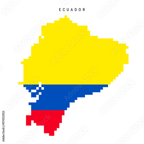 Ecuador pixel flag map icon. 8 bit pixel art Ecuadorian map covered with flag. Flat vector illustration isolated on white background.