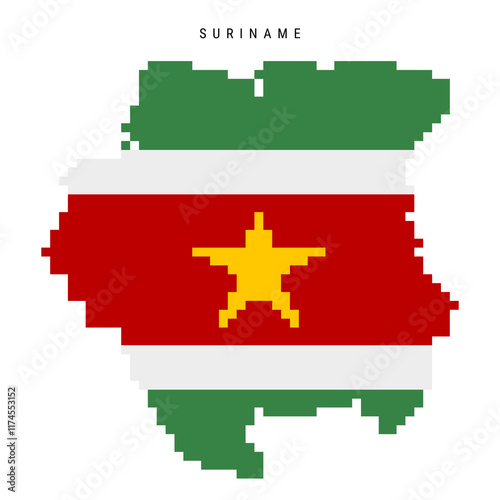 Suriname pixel flag map icon. 8 bit pixel art Surinamese map covered with flag. Flat vector illustration isolated on white background.