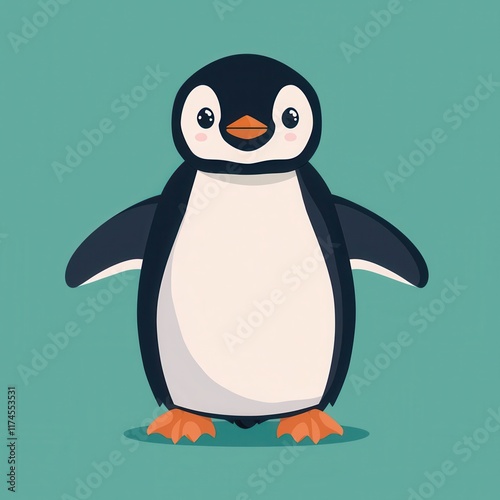 A cute, cartoon-style penguin with a friendly expression, standing against a simple turquoise background.