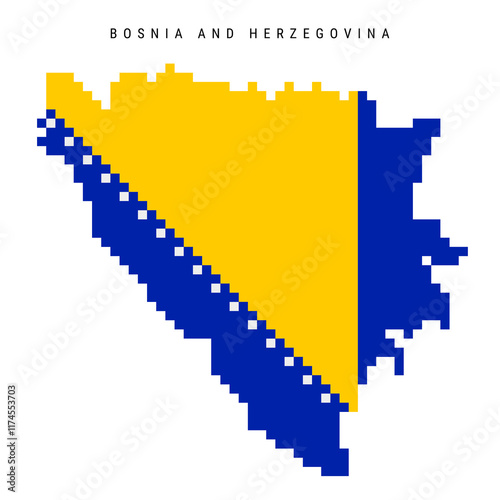 Bosnia and Herzegovina pixel flag map icon. 8 bit pixel art Bosnian map covered with flag. Flat vector illustration isolated on white background.