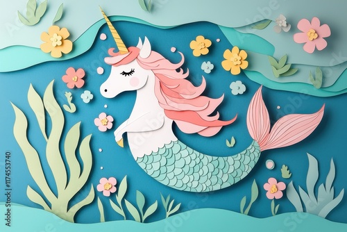 A whimsical, colorful underwater scene featuring a unicorn mermaid surrounded by flowers and seaweed, crafted from layered paper art.