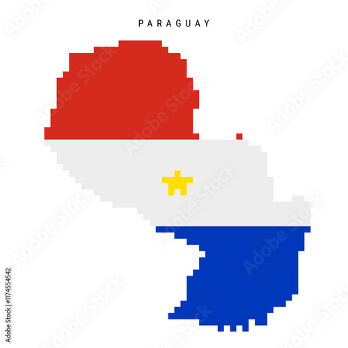 Paraguay pixel flag map icon. 8 bit pixel art Paraguayan map covered with flag. Flat vector illustration isolated on white background.