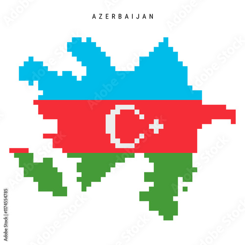 Azerbaijan pixel flag map icon. 8 bit pixel art Azerbaijani map covered with flag. Flat vector illustration isolated on white background.