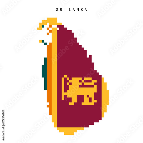 Sri Lanka pixel flag map icon. 8 bit pixel art Sri lankan map covered with flag. Flat vector illustration isolated on white background.