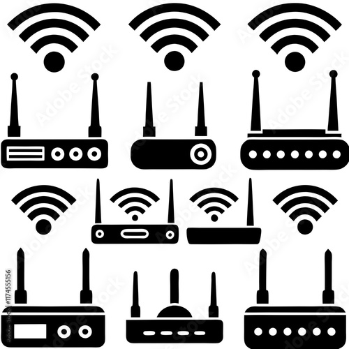 Various Wireless Router Icons in Black Silhouette