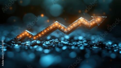 Glowing upward arrow, dark background, growth, finance photo