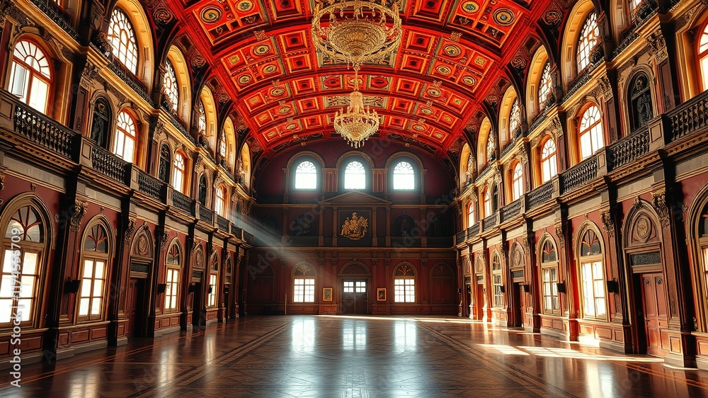 Obraz premium Royal Riding Hall Buda Castle Budapest Hungary AI Photo, Majestic Interior, Sunlight, Architectural Beauty, Stunning Colors, High Resolution