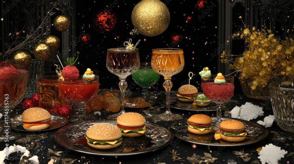 Naklejka premium A festive table setting featuring colorful drinks and miniature burgers.