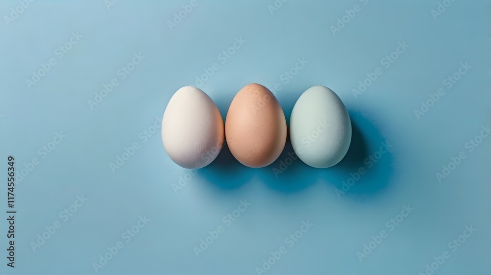 Colourful decorated three easter eggs isolated on light blue backdrop, Festive seasonal Christian occasion printed multicolour egg, empty space top view Colourful decorated three easter eggs isolated on light blue backdrop, Festive seasonal Christian occasion printed multicolour egg, empty space top view