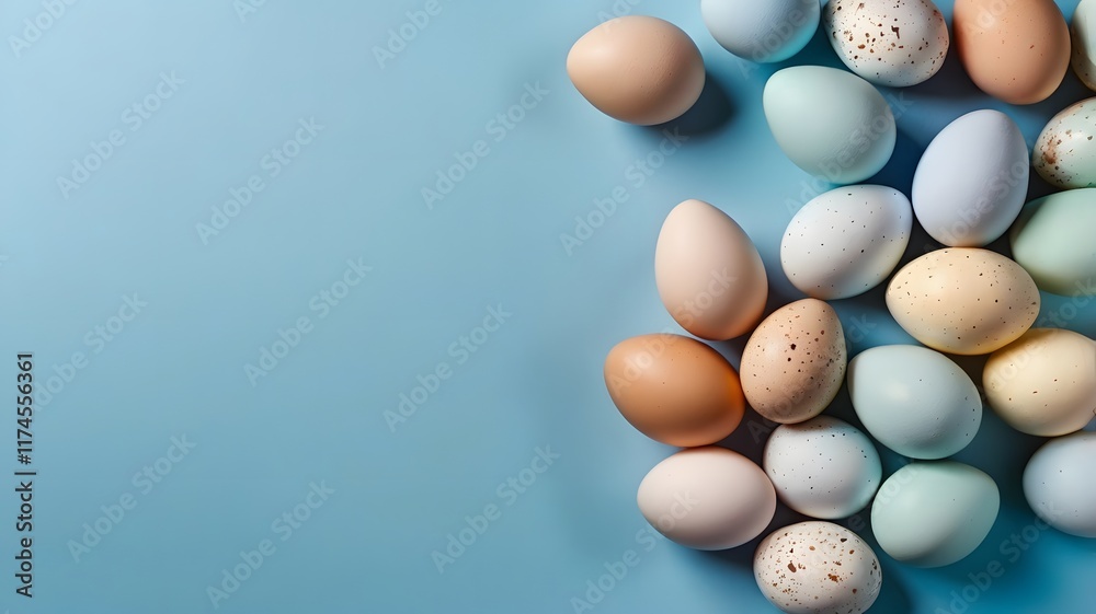 Colourful decorated easter eggs isolated on light blue backdrop, Festive seasonal Christian occasion printed multicolour egg, empty space top view Colourful decorated easter eggs isolated on light blue backdrop, Festive seasonal Christian occasion printed multicolour egg, empty space top view