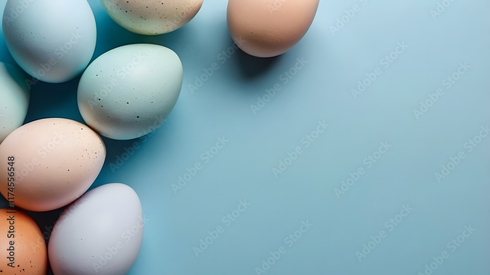 Colourful decorated easter eggs isolated on light blue backdrop, Festive seasonal Christian occasion printed multicolour egg, empty space top view Colourful decorated easter eggs isolated on light blue backdrop, Festive seasonal Christian occasion printed multicolour egg, empty space top view