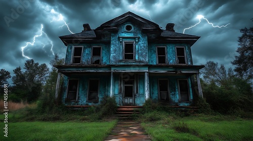 Abandoned Blue House Under Stormy Skies photo