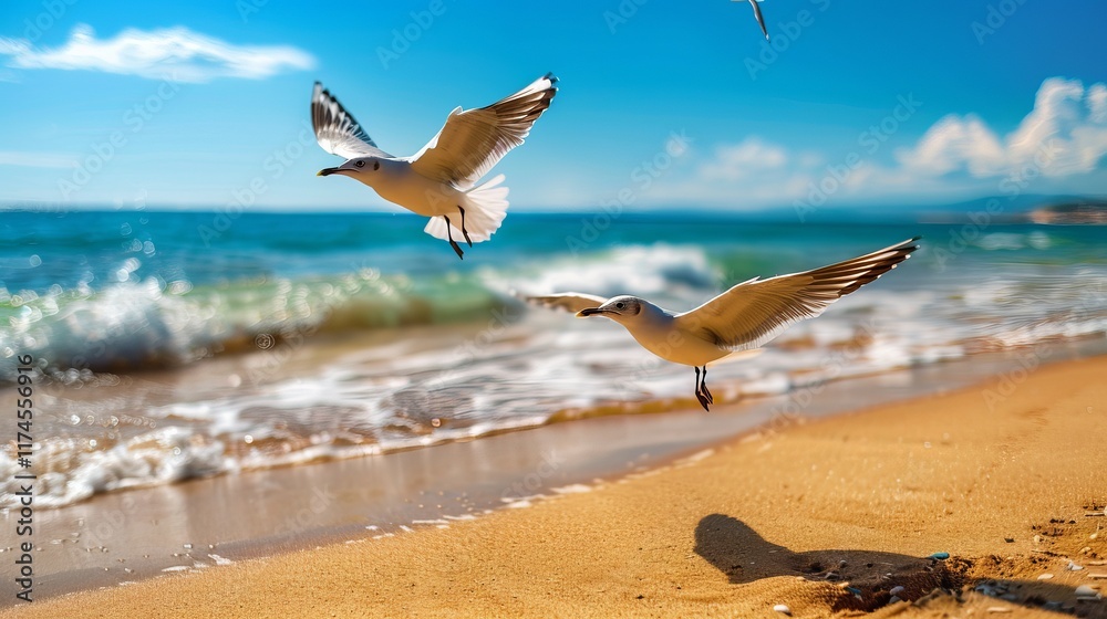 Fototapeta premium Two seagulls in flight above a sandy beach with gentle waves, capturing the essence of a sunny day by the ocean.