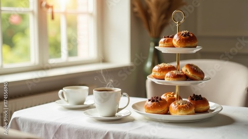 Wallpaper Mural A delightful morning tea setting with warm coffee and sweet pastries on a tiered server, bathed in soft sunlight Torontodigital.ca