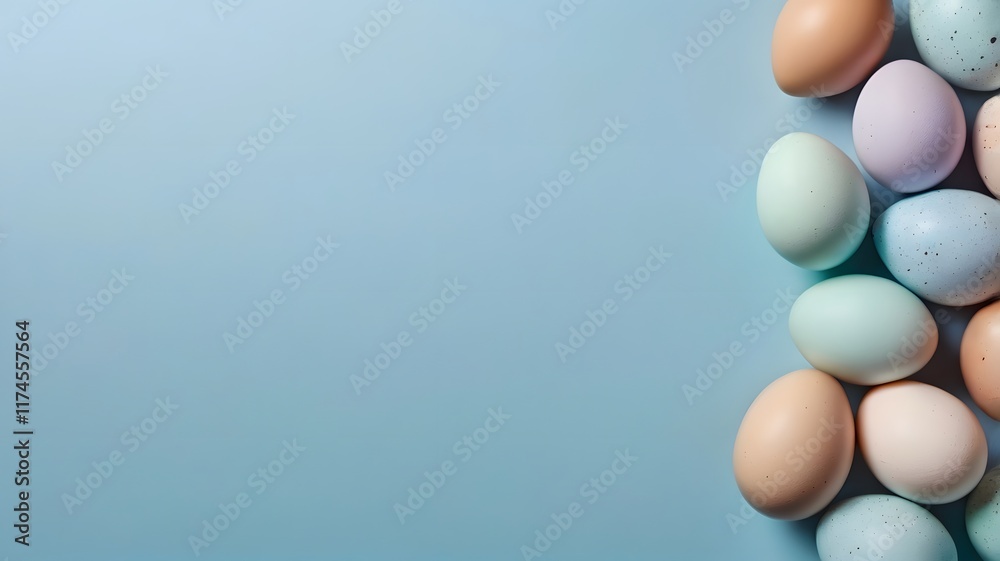 Colourful decorated easter eggs isolated on light blue backdrop, Festive seasonal Christian occasion printed multicolour egg, empty space Colourful decorated easter eggs isolated on light blue backdrop, Festive seasonal Christian occasion printed multicolour egg, empty space