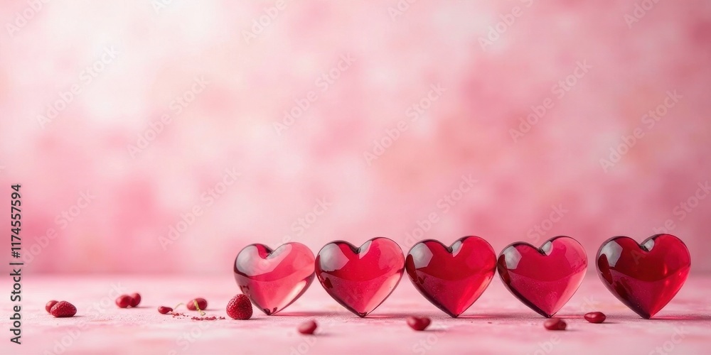 A Row of Red Glass Hearts on a Pink Background with Scattered Berries