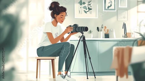 Blogger recording video content with professional camera in creative studio setup