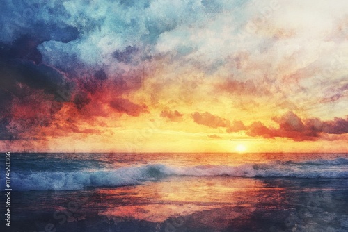 Vibrant Sunset Over Ocean Waves Painting