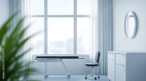 Modern, bright medical examination room with large window, examination table, chair, and cabinet.