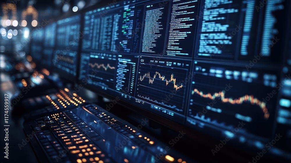 Data center monitoring financial market trends at night Data center monitoring financial market trends at night