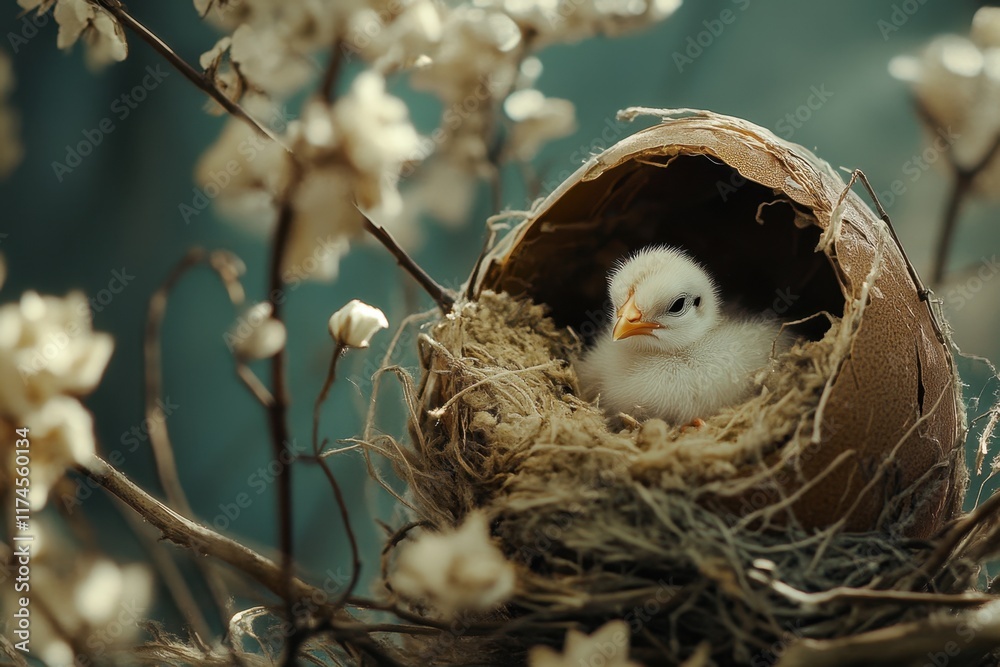 White Chickling Nestled In Broken Eggshell Nest White Chickling Nestled In Broken Eggshell Nest
