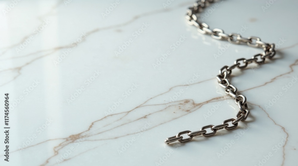 A serpentine metal chain rests on a polished, veined surface, exhibiting a sense of elegant simplicity and understated strength. A serpentine metal chain rests on a polished, veined surface, exhibiting a sense of elegant simplicity and understated strength.