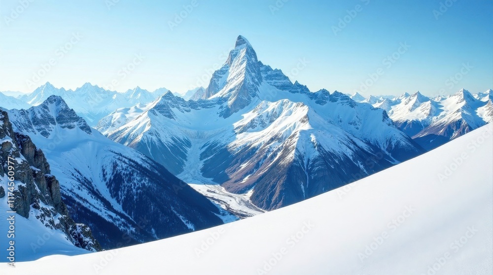 Obraz premium Majestic Winter Mountain Panorama A Breathtaking View of Snow-Capped Peaks and Glacial Valley